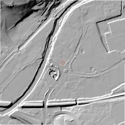 Shaded relief map of the ground around HX59DB, computed from Environment Agency LiDAR. The ground here sits at about 64 m above sea level and falls 44 m across the surrounding 800 m. Surface water reaching this point runs off ground lying to the east, 1.6 m higher.