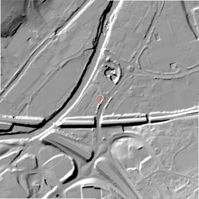 Shaded relief map of the ground around HX59DE, computed from Environment Agency LiDAR. The ground here sits at about 64 m above sea level and falls 29 m across the surrounding 800 m. Surface water reaching this point runs off ground lying to the south-south-west, 2.4 m higher.