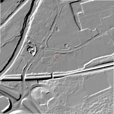 Shaded relief map of the ground around HX59DF, computed from Environment Agency LiDAR. The ground here sits at about 65 m above sea level and falls 29 m across the surrounding 800 m. Surface water reaching this point runs off ground lying to the south-west, 7.4 m higher.