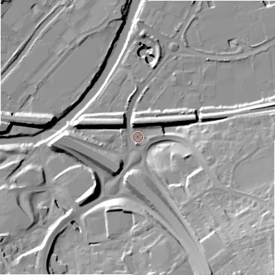 Shaded relief map of the ground around HX59DG, computed from Environment Agency LiDAR. The ground here sits at about 64 m above sea level and falls 35 m across the surrounding 800 m. Surface water reaching this point runs off ground lying to the south-east, 29.9 m higher.
