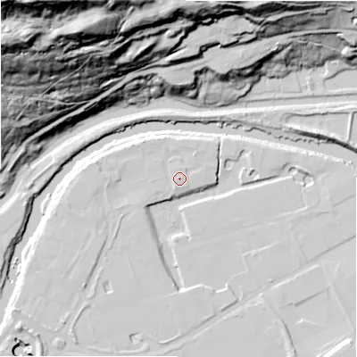 Shaded relief map of the ground around HX59DN, computed from Environment Agency LiDAR. The ground here sits at about 65 m above sea level and falls 118 m across the surrounding 800 m. Surface water reaching this point runs off ground lying to the south-south-west, 1.1 m higher.