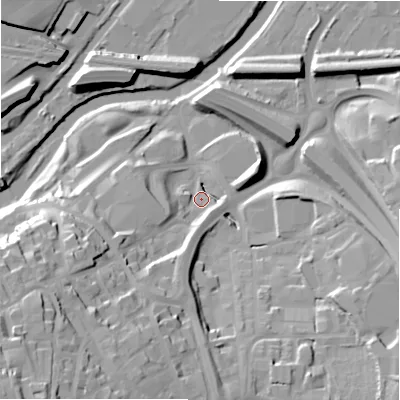 Shaded relief map of the ground around HX59DT, computed from Environment Agency LiDAR. The ground here sits at about 67 m above sea level and falls 48 m across the surrounding 800 m. Surface water reaching this point runs off ground lying to the south-west, 41.9 m higher.