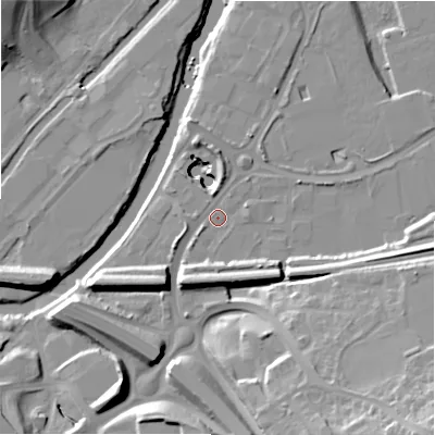 Shaded relief map of the ground around HX59DX, computed from Environment Agency LiDAR. The ground here sits at about 65 m above sea level and falls 29 m across the surrounding 800 m. Surface water reaching this point runs off ground lying to the south-south-west, 7.5 m higher.
