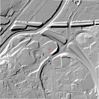 Shaded relief map of the ground around HX59DY, computed from Environment Agency LiDAR. The ground here sits at about 67 m above sea level and falls 45 m across the surrounding 800 m. Surface water reaching this point runs off ground lying to the south-east, 4.3 m higher.