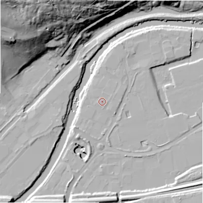 Shaded relief map of the ground around HX59HB, computed from Environment Agency LiDAR. The ground here sits at about 65 m above sea level and falls 62 m across the surrounding 800 m. The ground contributing surface water to this point lies to the east.