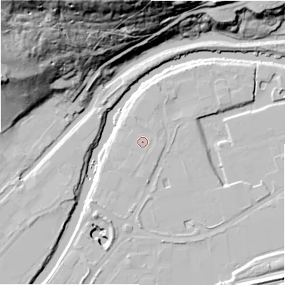 Shaded relief map of the ground around HX59HD, computed from Environment Agency LiDAR. The ground here sits at about 65 m above sea level and falls 79 m across the surrounding 800 m. Surface water reaching this point runs off ground lying to the south, 1.0 m higher.
