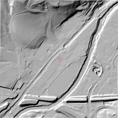 Shaded relief map of the ground around HX59HF, computed from Environment Agency LiDAR. The ground here sits at about 64 m above sea level and falls 54 m across the surrounding 800 m. Surface water reaching this point runs off ground lying to the east, 2.1 m higher.