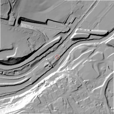 Shaded relief map of the ground around HX59HH, computed from Environment Agency LiDAR. The ground here sits at about 65 m above sea level and falls 54 m across the surrounding 800 m. Surface water reaching this point runs off ground lying to the south-west, 50.0 m higher.