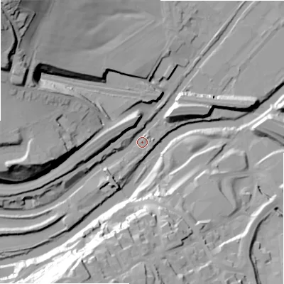 Shaded relief map of the ground around HX59HJ, computed from Environment Agency LiDAR. The ground here sits at about 64 m above sea level and falls 55 m across the surrounding 800 m. Surface water reaching this point runs off ground lying to the north-west, 12.2 m higher.