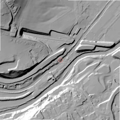 Shaded relief map of the ground around HX59HP, computed from Environment Agency LiDAR. The ground here sits at about 67 m above sea level and falls 56 m across the surrounding 800 m. Surface water reaching this point runs off ground lying to the north-north-west, 12.2 m higher.