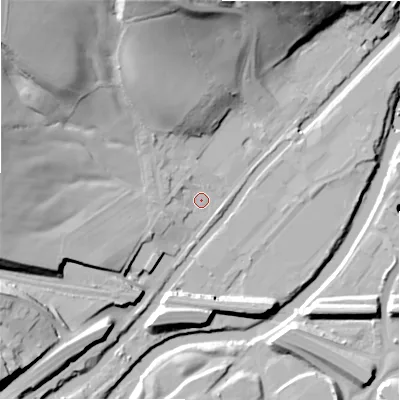 Shaded relief map of the ground around HX59HU, computed from Environment Agency LiDAR. The ground here sits at about 65 m above sea level and falls 44 m across the surrounding 800 m. Surface water reaching this point runs off ground lying to the north-west, 37.3 m higher.