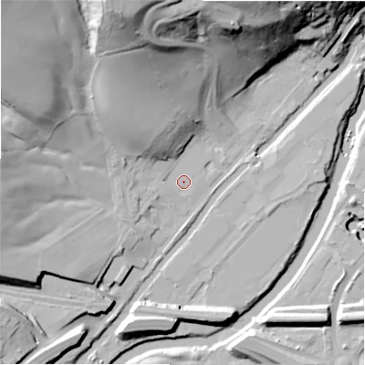 Shaded relief map of the ground around HX59HX, computed from Environment Agency LiDAR. The ground here sits at about 65 m above sea level and falls 55 m across the surrounding 800 m. Surface water reaching this point runs off ground lying to the north-north-west, 48.1 m higher.