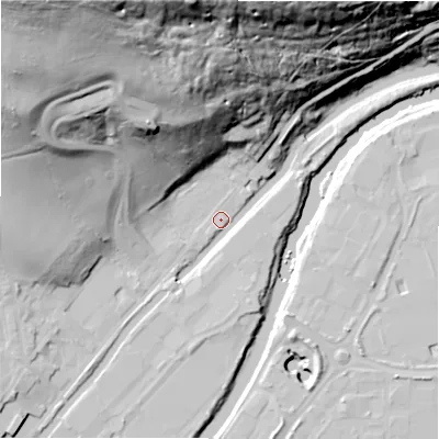 Shaded relief map of the ground around HX59HZ, computed from Environment Agency LiDAR. The ground here sits at about 63 m above sea level and falls 82 m across the surrounding 800 m. Surface water reaching this point runs off ground lying to the north-north-west, 76.9 m higher.