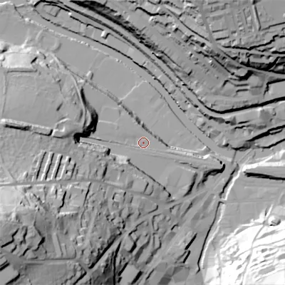 Shaded relief map of the ground around HX61AN, computed from Environment Agency LiDAR. The ground here sits at about 85 m above sea level and falls 84 m across the surrounding 800 m. Surface water reaching this point runs off ground lying to the west, 22.8 m higher.