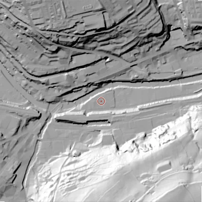 Shaded relief map of the ground around HX62AA, computed from Environment Agency LiDAR. The ground here sits at about 77 m above sea level and falls 107 m across the surrounding 800 m. Surface water reaching this point runs off ground lying to the west-south-west, 0.5 m higher.