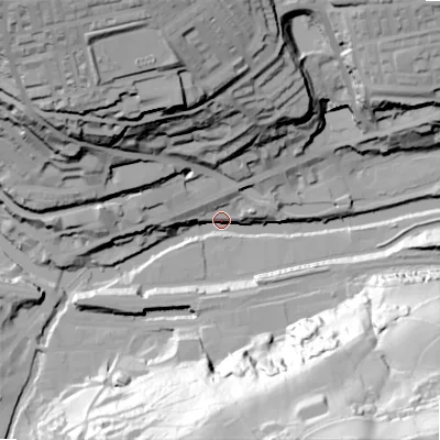 Shaded relief map of the ground around HX62AD, computed from Environment Agency LiDAR. The ground here sits at about 80 m above sea level and falls 97 m across the surrounding 800 m. Surface water reaching this point runs off ground lying to the south, 78.6 m higher.