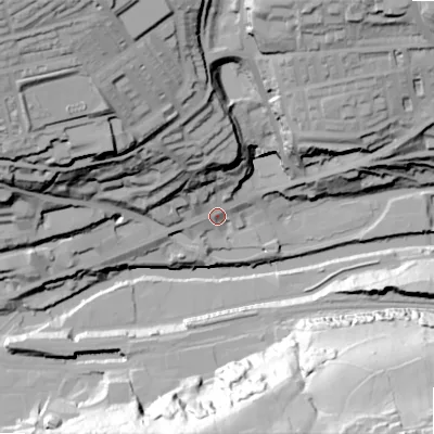 Shaded relief map of the ground around HX62AF, computed from Environment Agency LiDAR. The ground here sits at about 82 m above sea level and falls 80 m across the surrounding 800 m. Surface water reaching this point runs off ground lying to the north-west, 73.5 m higher.