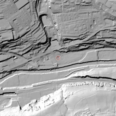 Shaded relief map of the ground around HX62AG, computed from Environment Agency LiDAR. The ground here sits at about 76 m above sea level and falls 78 m across the surrounding 800 m. Surface water reaching this point runs off ground lying to the north-west, 70.0 m higher.