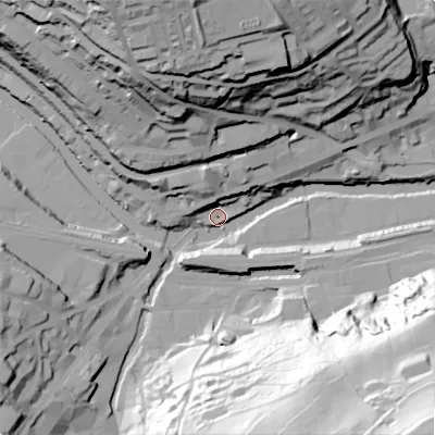 Shaded relief map of the ground around HX62AQ, computed from Environment Agency LiDAR. The ground here sits at about 76 m above sea level and falls 106 m across the surrounding 800 m. Surface water reaching this point runs off ground lying to the south-east, 92.6 m higher.