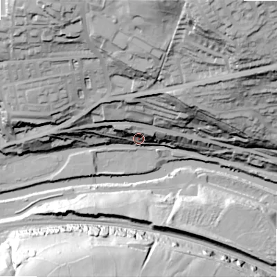 Shaded relief map of the ground around HX62AR, computed from Environment Agency LiDAR. The ground here sits at about 85 m above sea level and falls 90 m across the surrounding 800 m. Surface water reaching this point runs off ground lying to the north-east, 50.2 m higher.