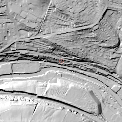 Shaded relief map of the ground around HX62AY, computed from Environment Agency LiDAR. The ground here sits at about 87 m above sea level and falls 94 m across the surrounding 800 m. Surface water reaching this point runs off ground lying to the north-east, 51.4 m higher.