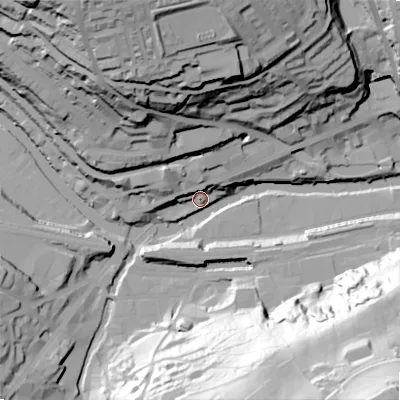 Shaded relief map of the ground around HX62DS, computed from Environment Agency LiDAR. The ground here sits at about 79 m above sea level and falls 103 m across the surrounding 800 m. Surface water reaching this point runs off ground lying to the south-south-east, 87.5 m higher.