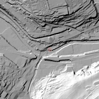 Shaded relief map of the ground around HX62ED, computed from Environment Agency LiDAR. The ground here sits at about 76 m above sea level and falls 106 m across the surrounding 800 m. Surface water reaching this point runs off ground lying to the south-east, 95.2 m higher.