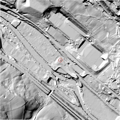 Shaded relief map of the ground around HX62FB, computed from Environment Agency LiDAR. The ground here sits at about 77 m above sea level and falls 120 m across the surrounding 800 m. Surface water reaching this point runs off ground lying to the east-south-east, 13.0 m higher.