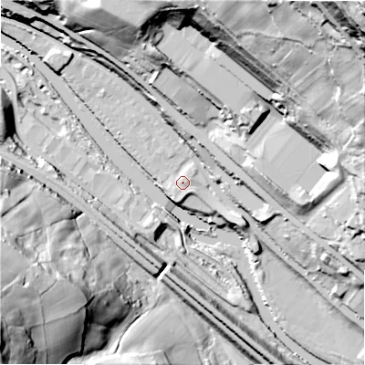 Shaded relief map of the ground around HX62FD, computed from Environment Agency LiDAR. The ground here sits at about 77 m above sea level and falls 111 m across the surrounding 800 m. Surface water reaching this point runs off ground lying to the east-south-east, 13.1 m higher.
