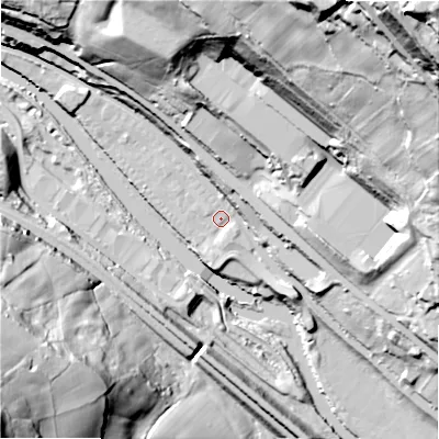 Shaded relief map of the ground around HX62FF, computed from Environment Agency LiDAR. The ground here sits at about 76 m above sea level and falls 117 m across the surrounding 800 m. Surface water reaching this point runs off ground lying to the east-south-east, 13.1 m higher.