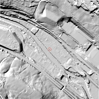 Shaded relief map of the ground around HX62FG, computed from Environment Agency LiDAR. The ground here sits at about 75 m above sea level and falls 107 m across the surrounding 800 m. Surface water reaching this point runs off ground lying to the north-north-east, 59.1 m higher.