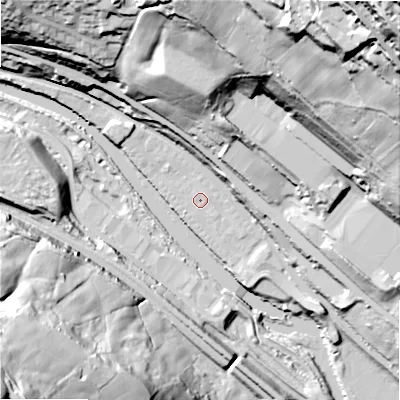Shaded relief map of the ground around HX62FH, computed from Environment Agency LiDAR. The ground here sits at about 76 m above sea level and falls 116 m across the surrounding 800 m. Surface water reaching this point runs off ground lying to the north-north-east, 0.9 m higher.