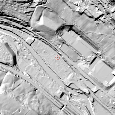 Shaded relief map of the ground around HX62FL, computed from Environment Agency LiDAR. The ground here sits at about 76 m above sea level and falls 128 m across the surrounding 800 m. Surface water reaching this point runs off ground lying to the north-east, 121.5 m higher.