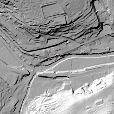 Shaded relief map of the ground around HX62JS, computed from Environment Agency LiDAR. The ground here sits at about 79 m above sea level and falls 101 m across the surrounding 800 m. Surface water reaching this point runs off ground lying to the north-north-west, 13.4 m higher.