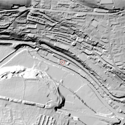 Shaded relief map of the ground around HX62RF, computed from Environment Agency LiDAR. The ground here sits at about 78 m above sea level and falls 107 m across the surrounding 800 m. Surface water reaching this point runs off ground lying to the north-north-east, 101.6 m higher.