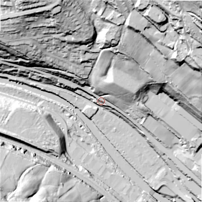 Shaded relief map of the ground around HX62UX, computed from Environment Agency LiDAR. The ground here sits at about 86 m above sea level and falls 134 m across the surrounding 800 m. Surface water reaching this point runs off ground lying to the north-north-east, 83.5 m higher.