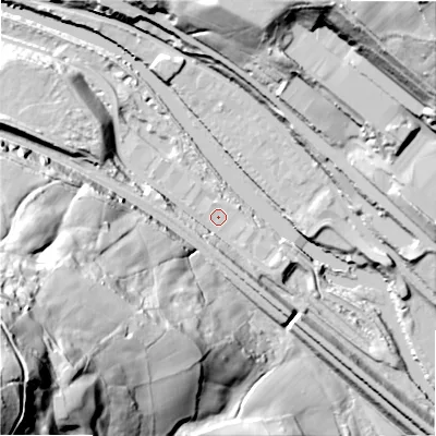 Shaded relief map of the ground around HX62WA, computed from Environment Agency LiDAR. The ground here sits at about 75 m above sea level and falls 118 m across the surrounding 800 m. Surface water reaching this point runs off ground lying to the south-south-east, 7.5 m higher.