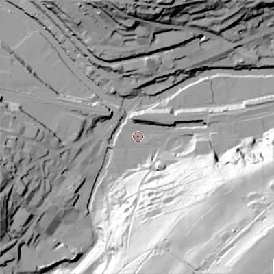 Shaded relief map of the ground around HX63AA, computed from Environment Agency LiDAR. The ground here sits at about 78 m above sea level and falls 115 m across the surrounding 800 m. Surface water reaching this point runs off ground lying to the south-east, 110.8 m higher.