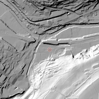 Shaded relief map of the ground around HX63AB, computed from Environment Agency LiDAR. The ground here sits at about 78 m above sea level and falls 115 m across the surrounding 800 m. Surface water reaching this point runs off ground lying to the south-east, 110.9 m higher.