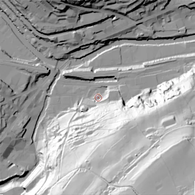 Shaded relief map of the ground around HX63AD, computed from Environment Agency LiDAR. The ground here sits at about 79 m above sea level and falls 121 m across the surrounding 800 m. Surface water reaching this point runs off ground lying to the south-south-east, 112.3 m higher.