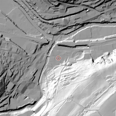 Shaded relief map of the ground around HX63AE, computed from Environment Agency LiDAR. The ground here sits at about 78 m above sea level and falls 118 m across the surrounding 800 m. Surface water reaching this point runs off ground lying to the south-east, 112.0 m higher.