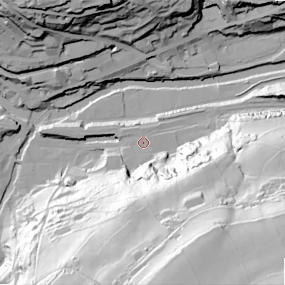 Shaded relief map of the ground around HX63AF, computed from Environment Agency LiDAR. The ground here sits at about 84 m above sea level and falls 118 m across the surrounding 800 m. Surface water reaching this point runs off ground lying to the south, 1.5 m higher.