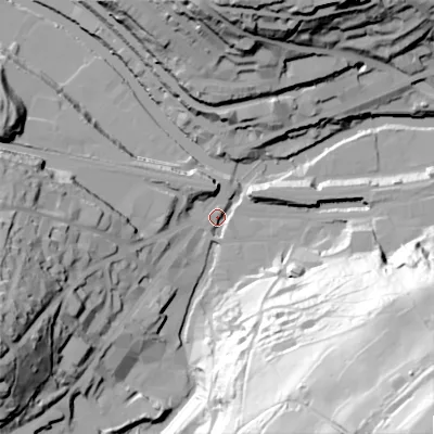 Shaded relief map of the ground around HX63AH, computed from Environment Agency LiDAR. The ground here sits at about 78 m above sea level and falls 113 m across the surrounding 800 m. Surface water reaching this point runs off ground lying to the south-east, 111.1 m higher.