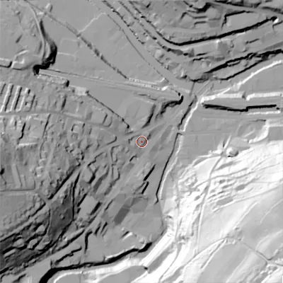 Shaded relief map of the ground around HX63AN, computed from Environment Agency LiDAR. The ground here sits at about 83 m above sea level and falls 114 m across the surrounding 800 m. Surface water reaching this point runs off ground lying to the west-south-west, 50.0 m higher.