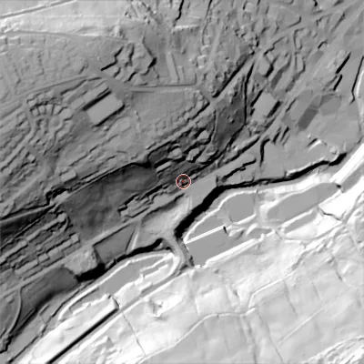 Shaded relief map of the ground around HX63BL, computed from Environment Agency LiDAR. The ground here sits at about 100 m above sea level and falls 107 m across the surrounding 800 m. Surface water reaching this point runs off ground lying to the west-north-west, 71.4 m higher.