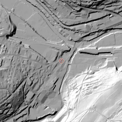 Shaded relief map of the ground around HX63BN, computed from Environment Agency LiDAR. The ground here sits at about 79 m above sea level and falls 110 m across the surrounding 800 m. Surface water reaching this point runs off ground lying to the south-east, 107.9 m higher.