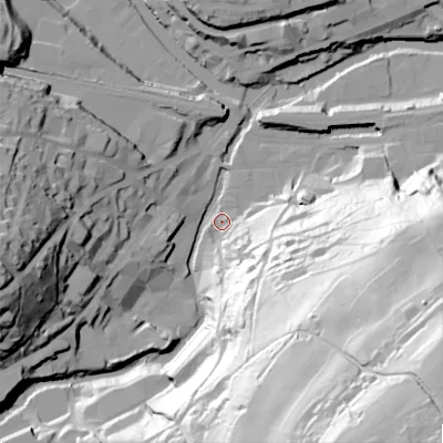 Shaded relief map of the ground around HX63BR, computed from Environment Agency LiDAR. The ground here sits at about 78 m above sea level and falls 124 m across the surrounding 800 m. Surface water reaching this point runs off ground lying to the south-east, 120.7 m higher.