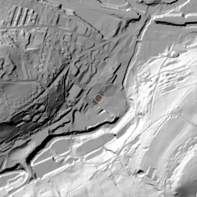 Shaded relief map of the ground around HX63BS, computed from Environment Agency LiDAR. The ground here sits at about 81 m above sea level and falls 120 m across the surrounding 800 m. Surface water reaching this point runs off ground lying to the west-south-west, 12.2 m higher.