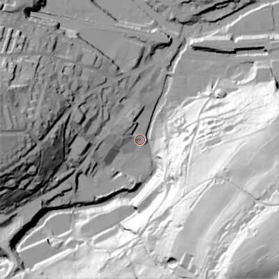 Shaded relief map of the ground around HX63BT, computed from Environment Agency LiDAR. The ground here sits at about 79 m above sea level and falls 122 m across the surrounding 800 m. Surface water reaching this point runs off ground lying to the south-east, 119.6 m higher.