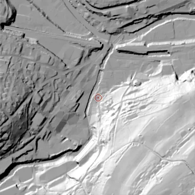 Shaded relief map of the ground around HX63BU, computed from Environment Agency LiDAR. The ground here sits at about 78 m above sea level and falls 124 m across the surrounding 800 m. Surface water reaching this point runs off ground lying to the south-east, 121.3 m higher.